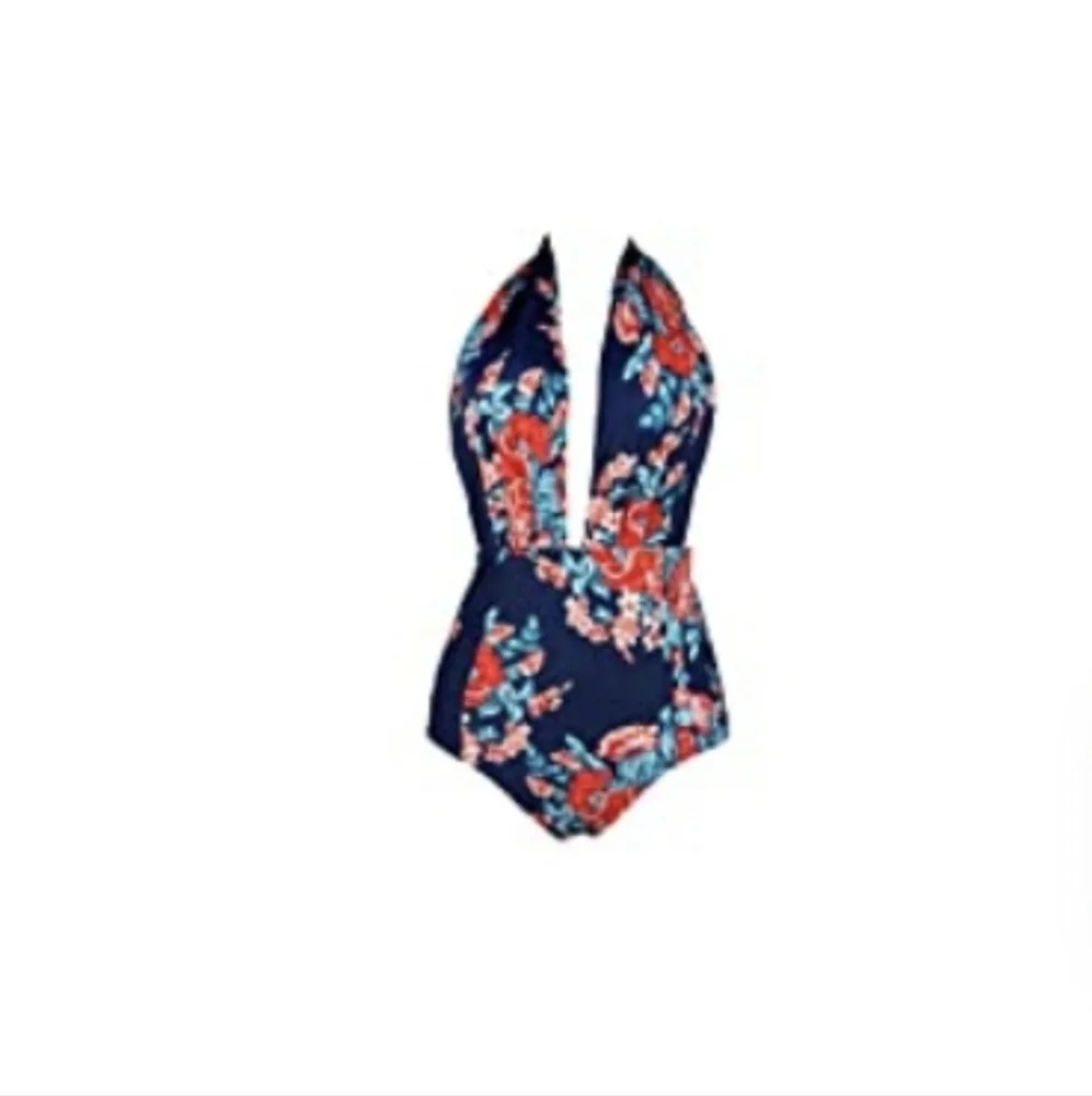 One‎ piece high waist bathing suit. XL, navy with red flowers.